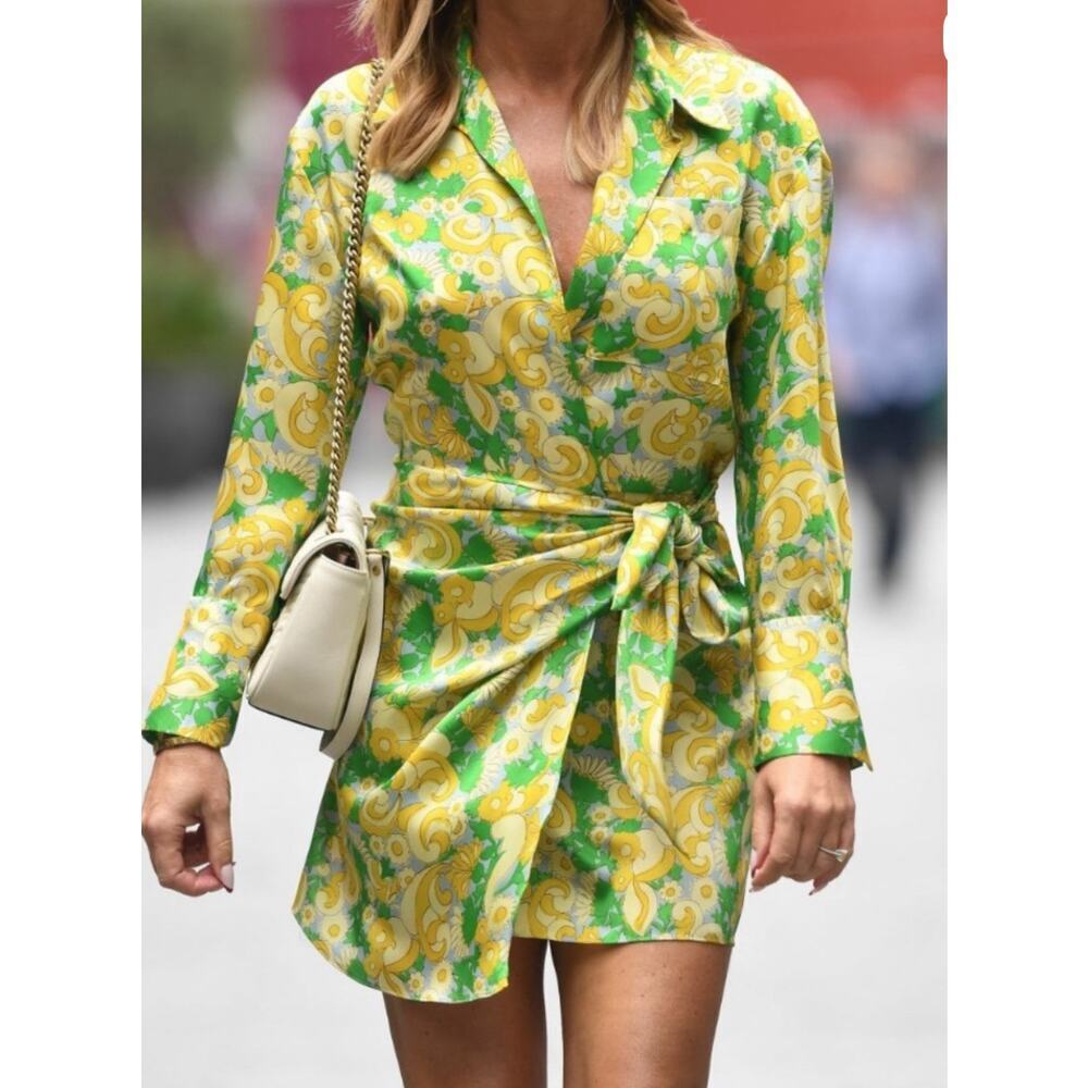 Zara Yellow Green Floral Paisley Print Silky Wrap Shirt Dress size XS